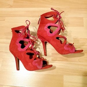 Isa Tapia red and pink heart suede stilettos